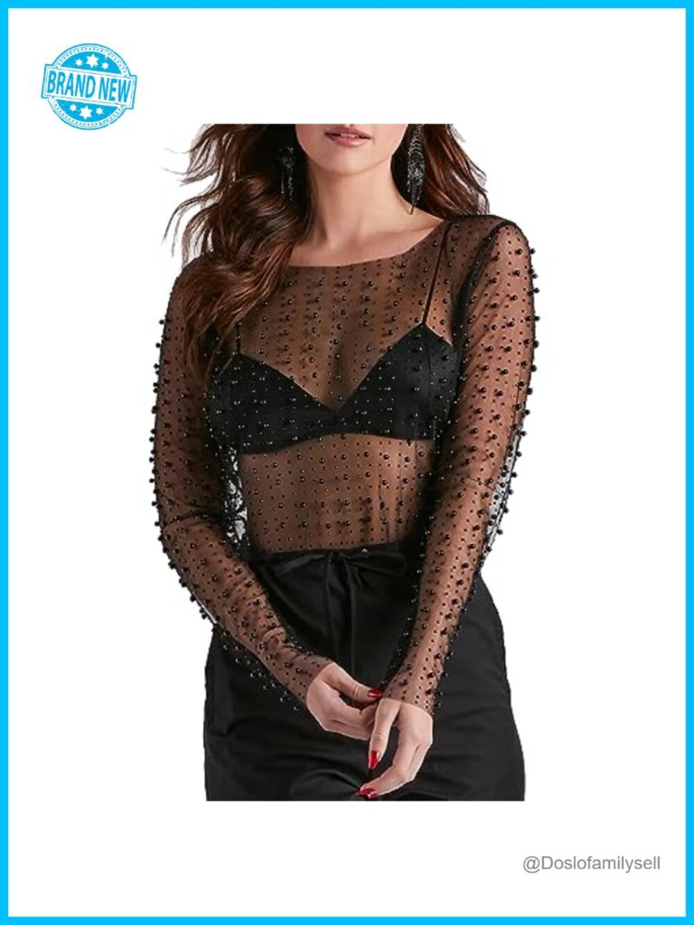 Women Sheer Mesh Pearl Rhinestone Beaded Crop Top Long Sleeve Clubwear